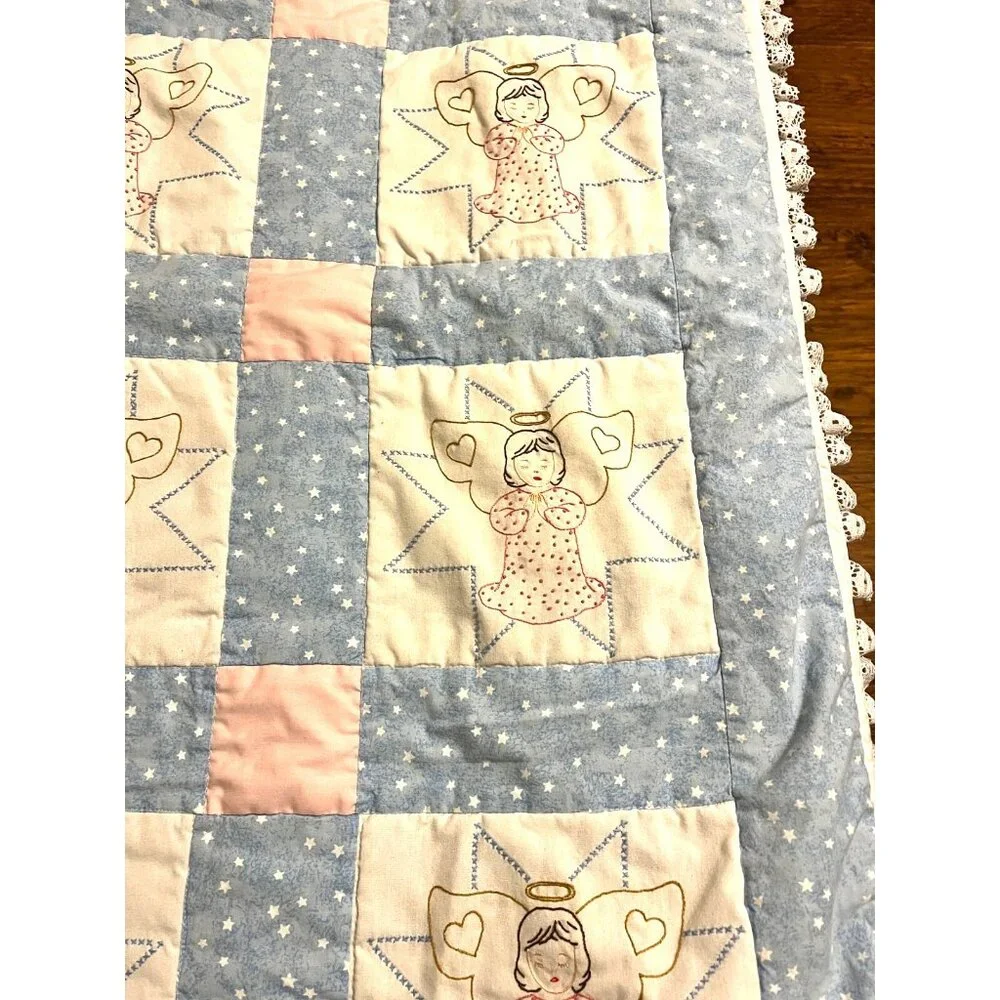 HM Crib Quilt Embroidered Farmhouse Angels Blue Pink Stars Lace 38x45 Country